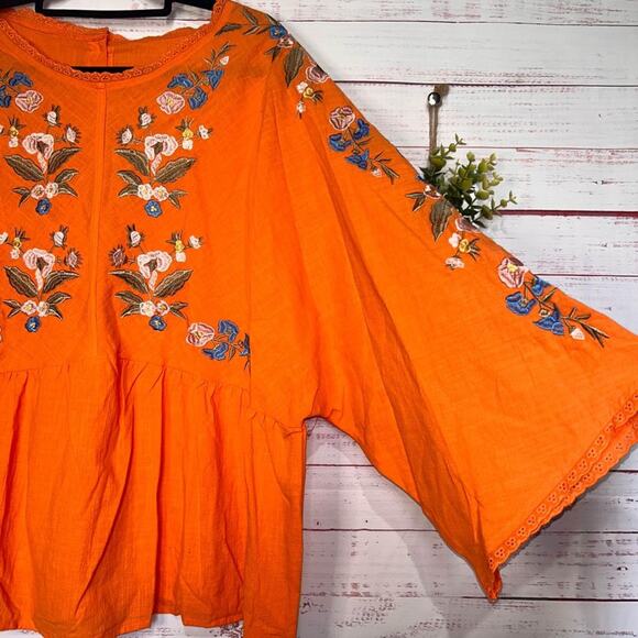 Orange Floral Embroidered Cotton Blouse | Women’s 2X - Picture 2 of 5